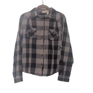 Mudd Juniors Plaid Flannel Long Sleeve Button Down Shirt Black Gray Size Large